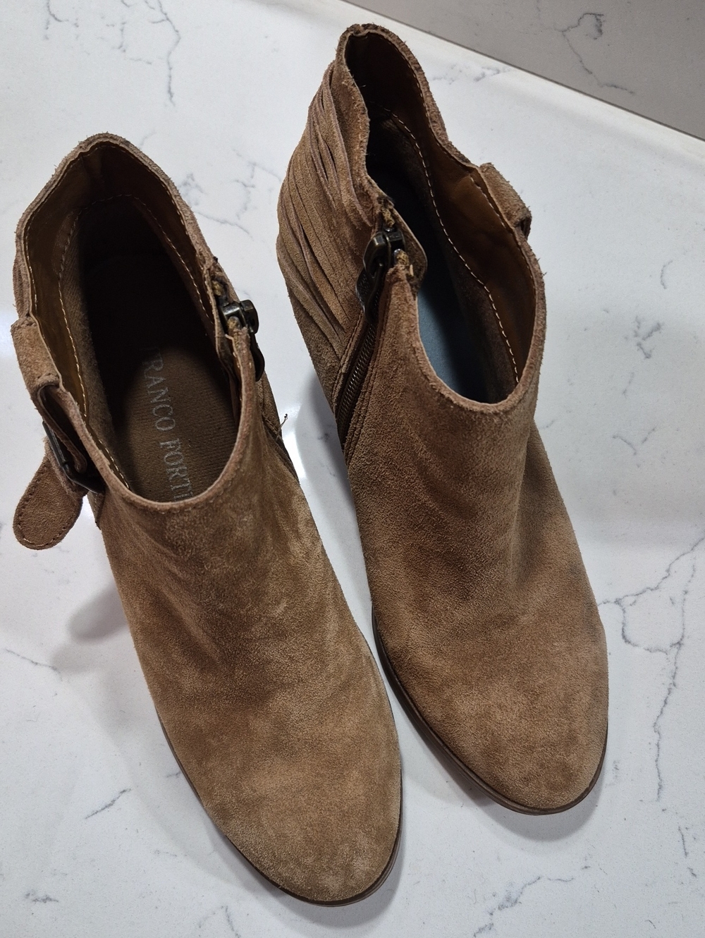 Franco Fortini Tan Suede Ankle Booties with Side Buckle